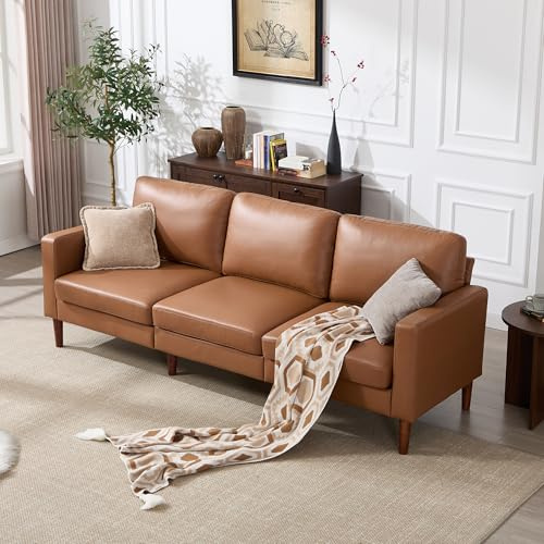 Kingfun 91.7 Faux Leather Sofa, 3 Seater Couch, Mid Century Modern Couches with Solid Wood Legs for Living Room & Bedroom, Coffee