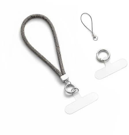AOKSUNOVA Glitter mobilband, kort handledsband, strass-nyckelband, universell mobilfäste, grå