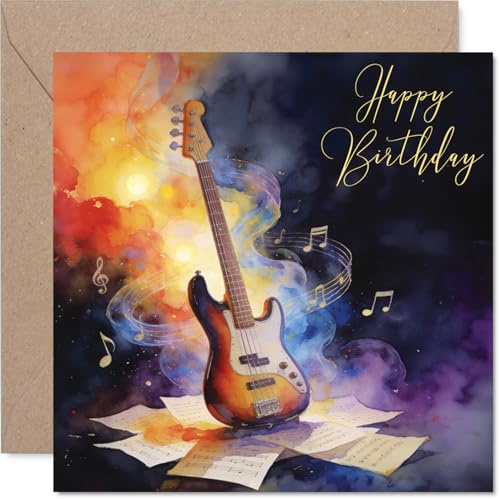 Heartfelt Birthday Card, Striking Guitar and Music Notes Artwork | Vibrant Watercolour Design, Perfect for Music Lovers, 145mm Square, Envelope Included