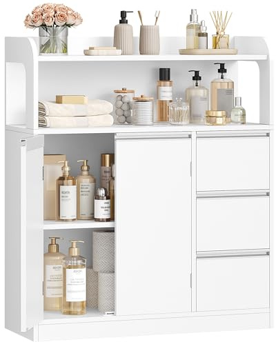 Hzuaneri Badezimmerschrank, Badschrank mit 2 Schranktürn und 3 Schubladen, Beistellschrank mit Verstellbaren Ablage, Kommode, modern, für Wohnzimmer, 30 x 80 x 92 cm, Weiß 5280003X