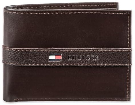 Tommy Hilfiger Men's Leather Wallet – Slim Bifold with 6 Credit Card Pockets and Removable ID Window, Casual Brown, One Size