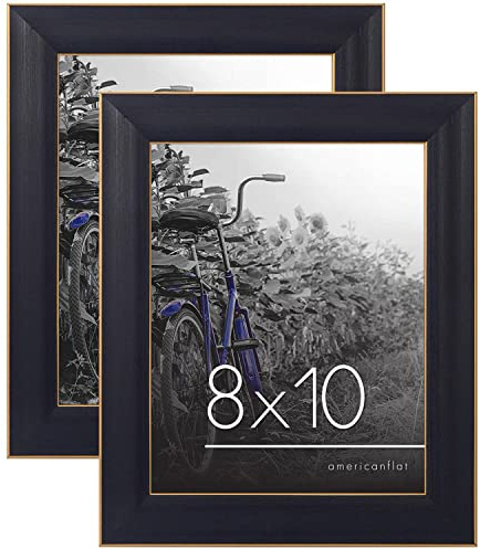 Americanflat 8x10 Picture Frame with Polished, Crystal Clear Glass - Set of 2 - Picture Frames for Tabletop and Wall Display - Black with Gold Trim