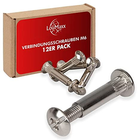 LouMaxx Möbelverbinder M6 26-35mm 12 Stück - Verbindungsschrauben aus vernickeltem Stahl - Korpusverbinder mit Zahnkranz-Hülse | Schrankverbinder für alle Möbel