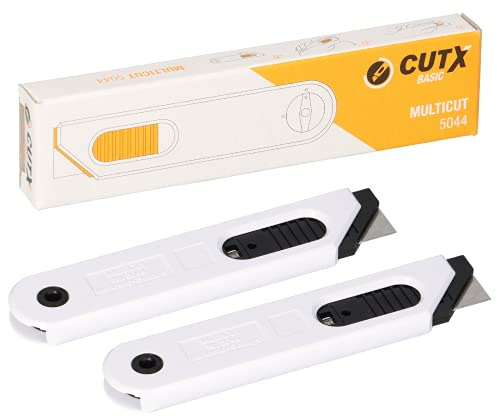 CutX 2er SET MULTICUT X5044 Cuttermesser Sicherheitsmesser Kartonmesser Cutter mit autom. Klingenrückzug, 115 x 26 x 10 mm, Weiß-schwarz