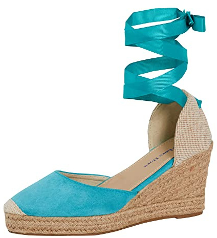 Lora Dora Womens Espadrille Wedge Sandals Strappy Hessian Wedges Ankle Wrap Tie Leg Straps Turquoise UK 6