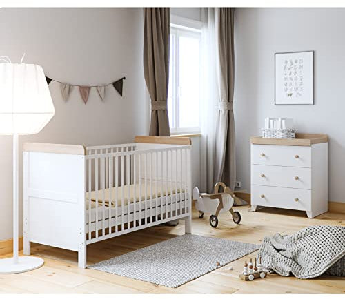 Little Acorns Classic 2 Piece Nursery Bedroom Set, Cot Bed and 2 in 1 Dresser Changing Unit Storage Organizer – White and Oak Two Tone