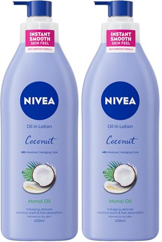 NIVEA Oil In Lotion Coconut & Monoi (400ml), Replenishing Body Lotion with a tropical Coconut Scent & Powerful Monoi Oil, Moisturising Cream, NIVEA Body Lotion (Pack of 2)
