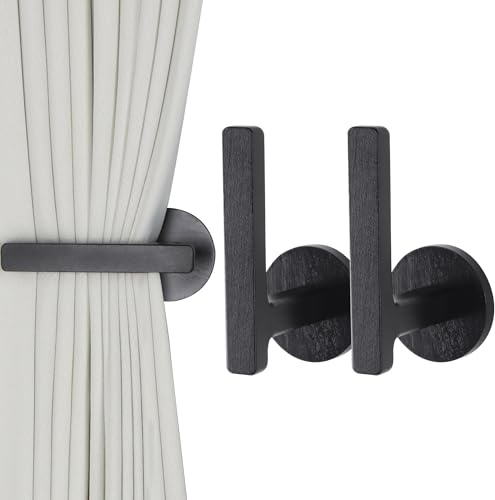 OCIOLI 2 Pieces of Curtain Tiebacks Wood Curtain Holdbacks Self Adhesive Curtain Holders L Shaped Curtain Hooks Curtain Pull Backs Curtain Tie Backs for Curtains (Black, 2)