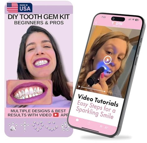 Tooth Gem Kit Professional for Beginners and Pros - Tooth Gems Video APP for Best Designs, Teeth Gems Kit with Glue and Light - Over 30 Gems & Shapes - Made in USA