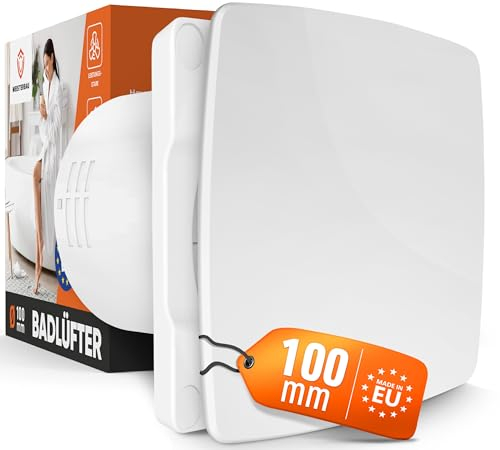 MEISTERBAU - Badlüfter mit Feuchtigkeitssensor & Nachlauf [Made in Europe] - Leiser Lüfter 100mm Durchmesser - mit Nachlauf - Effizienter Abluftventilator - Bad & Dusche