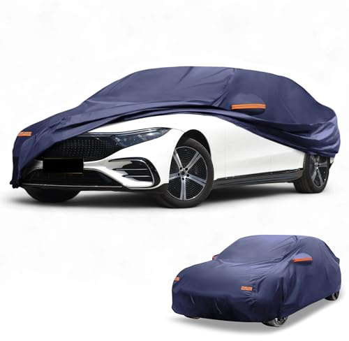 Partuto Waterproof All-Weather Universal Car Cover with Right Side Zipper, 190T-PU Navy Blue Fits for Sedan Up to 165 Length