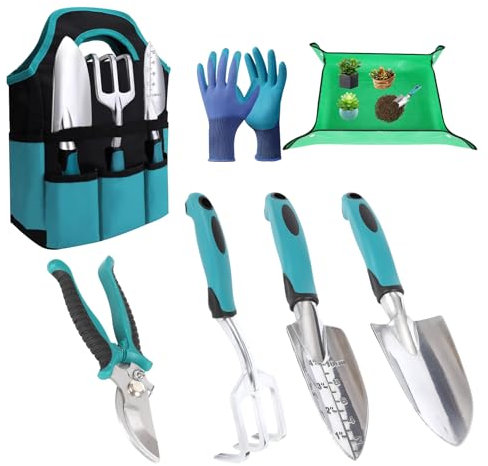 Gartengeräte 7-teiliges Set, Gartengeräte-Set, Leichte Aluminiumlegierung Rostbeständig, Gartengeräte-Set, ideale Gartengeschenke, Gartengeräte mit Handschuhen