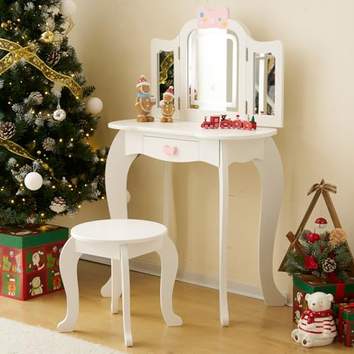 LEADZM Coiffeuse pour Enfants avec Miroir à Trois Volets avec Tabouret, Lampe LED Tactile à 3 Couleurs (Blanc)