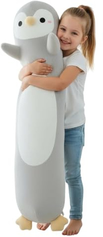 Aiuidun Cojín largo de peluche de pingüino, 60 cm, juguete de peluche suave para niños y adultos, bonito pingüino como regalo, cojín para dormir (gris)