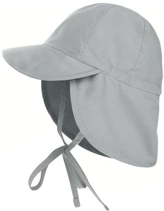 CUEMOON Baby småbarn solhatt, UPF 50+ UV-skydd för baby pojke och flicka barn strandmössa med justerbar hakrem och halsband, GRÅ, 48
