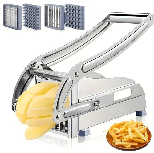 Pommes skärare, pommesskärare rostfritt stål, potatisskärare skivor, med 2 bladstorlekar (36/64 rutnät) och halkfri bas, pommepress för perfekta pommes frites, robust grönsaksskivare