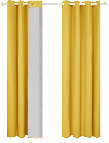 Deconovo Vorhang mit Ösen für Wohnzimmer Oxford Thermovorhang Gardinen, 245x140 cm(HöhexBreite), Gelb, 2er Set