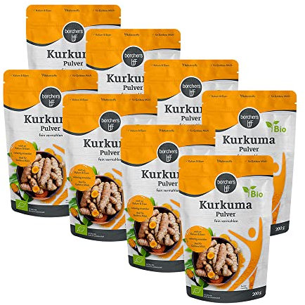 8 x borchers Bio Kurkuma Pulver | Bio Qualität | Vegan | Zuckerarm | Für Kurkuma-Latte & Goldene Milch | 200 g