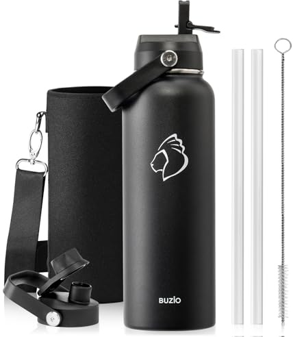 BUZIO 40oz Insulated Water Bottle, Triple Wall Vacuum Stainless Steel Water Flask with 2 lids, Lead-Free BPA-Free Straw Lid Sports Canteen Jug, Cold 48H & Hot 24H- Black