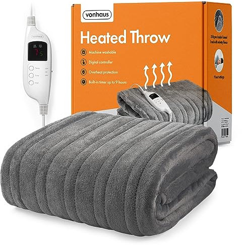 VonHaus Heated Throw Blanket – Electric Over Throw Fleece Blanket with Digital Control – Large Size 160 x 130cm, 9 Heat Settings, 9 Hour Timer, Safety Shut Off, Machine Washable, Soft Material – Grey