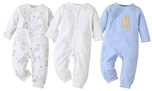 amropi Bambina Pagliaccetto 3 Pezzi Ragazze Jumpsuit Manica Lunga Pigiami Cotone Tutine Bianco/Blu/Bianco, 9-12 Mesi