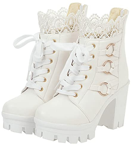 Parisuit Women's Platform Ankle Boots Chunky High Heel Lace Up Boots Sweet Lace Back Zipper Shoes-white size 9