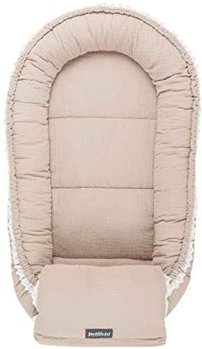 Bellochi Reducteur de Lit Bebe avec Coussin d'allaitement, Cale Bebe pour Lit, Cocon Bebe – Mousseline - 0-12 Mois - Nid de Bebe, Baby Nest - 90x60 cm - Cuddly Muslin Beige