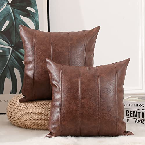 Yaertun 2 Set Kunstleder Kissenbezug 60x60 cm Gestreift Sofakissen Dekorative Kissenhülle Lederoptik Leder Bezug Couchkissen für Sofa Schlafzimmer Kissenbezüge Kissen Dunkelbraun