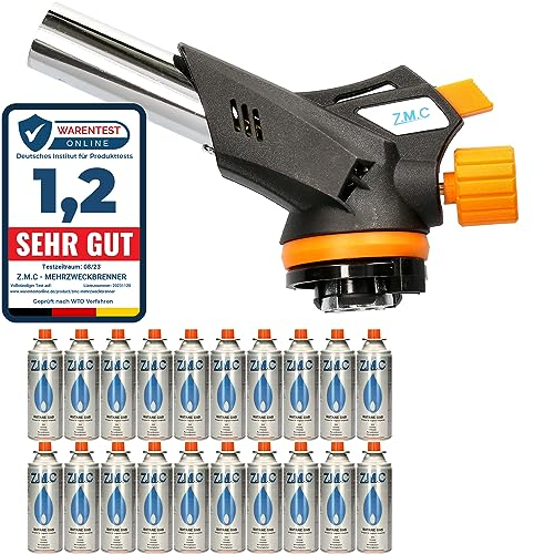Z.M.C Brûleur à Gaz 1,3 kW + 20 Cartouches de Gaz 227 g - Chalumeau à Flamme Réglable - Bunsen Avec Allumage Piézoélectrique - Pour Cuisine