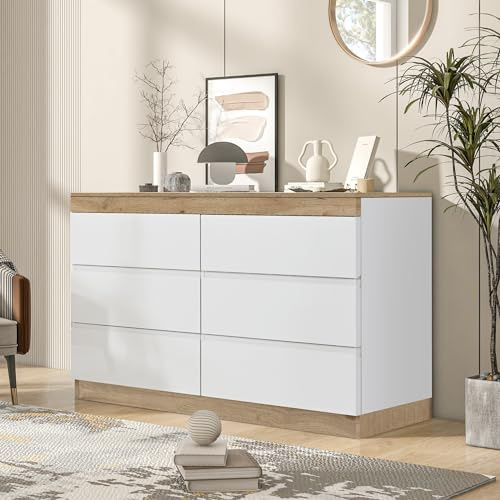 KecDuey Cómoda con 6 cajones, aparador 110 x 40 x 67,5 cm, taquilla, función de almacenamiento, para dormitorio y salón, tablero de partículas E1, color blanco y roble