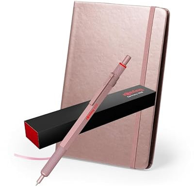 rOtring 600 Metallic Ballpoint Pen + Notebook | Medium Point | Rose Gold Barrel with Non-Slip Knurled Grip | Refillable