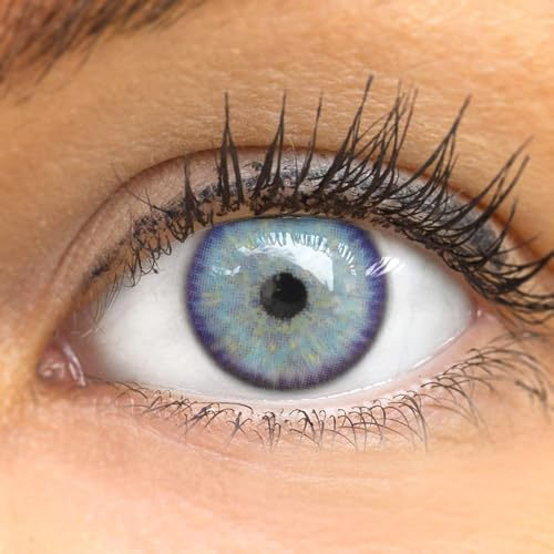 GLAMLENS Lenti a contatto colorate blu (Ibiza Ash Blue) - con porta lenti a contatto - blu naturali in silicone idrogel - 2 pezzi - DIA 14,20 - senza correzione 0.00 diottrie lente a contatto