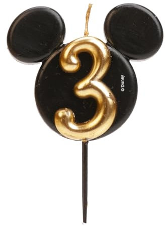 dekora - Micky Maus Geburtstagskerze aus Duftfreiem Paraffinwachs - Disney Zahlenkerzen mit Schwarzen und Goldenen Mickey Mouse Ohren - Größe 8,5 cm - Zahlenkerze Nummer 3
