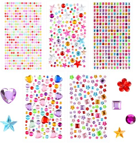 1200 pcs Strass Adesivi, 5 Fogli Strass Colorati in Acrilico, Brillantini Adesivi in Varie Forme, Per Viso, Artigianato Occhi, Nails Decorazione, fai-da-te, Corpo, Occhi, Decorazioni e Lavoretti