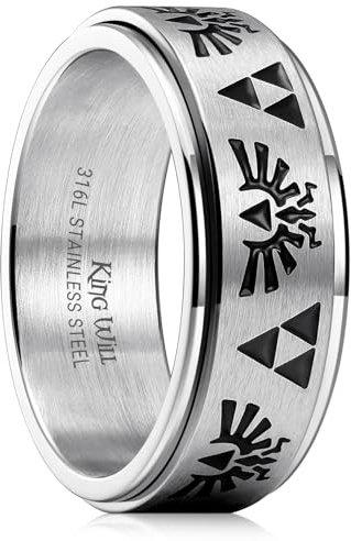 King Will Fede nuziale da uomo in acciaio inox – 8 mm girevole in acciaio inox doppio anello da uomo con design Zelda inciso e goccia di olio nero, fede nuziale da uomo in acciaio inox comfort fit, Z+