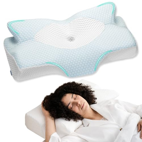Elviros Cuscino Cervicale per Dormire, Cuscino Ortopedico Ergonomico Memory Foam, Supporto per Collo，per Dormire sul Fianco, Schiena e Stomac, 64 x 40 x 13/11.5 cm, Federe Raffreddamento Lavabile, Blu