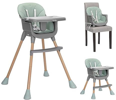 Lorelli 3 in 1 Hochstuhl Baby, Kinderhochstuhl Vanilla, Sitzerhöhung Stuhl Kind, Babystuhl mit 5-Punkt-Sicherheitsgurt, Kinderstuhl, Doppeltablett und PU-Lederbezug, Grün