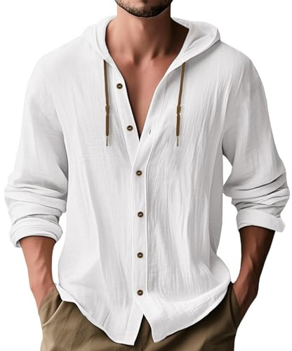 MakingDa Hooded Shirt Men Thin Long Sleeve Hoodie Casual Smart Lightweight Summer Linen Button Down Beach Tops Loose Fit Plain Hoody-White-2XL