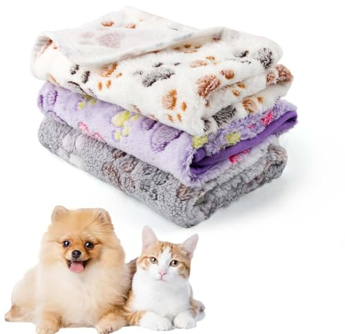 CIYIN 3 Pièces Couverture pour Chien Chat, Couvertures en Flanelle Douce pour Chiens et Chats,Couverture pour Chien Chat Pelucheuse et Lavable,avec Imprimé Patte (B3, 60x40cm)