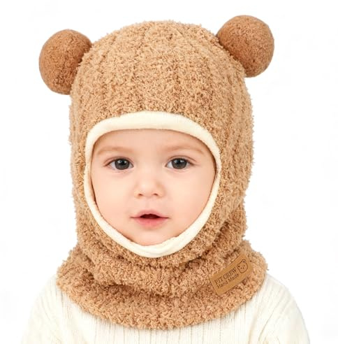 AYPOW Bonnet Cagoule Chaud d'Hiver pour Bébé Enfant, Multifonction Chapeaux Echarpe en Polaire Peluche Thermique Coupe-Vent Tricoté Cache-Cou Capuche Cache Oreilles avec Double Pompon Tout Petit