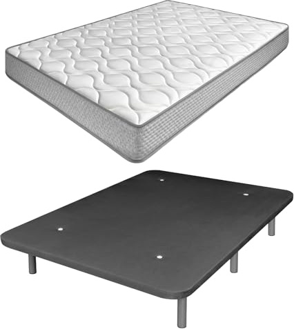 amuéblate Online - Cama Completa con Colchón Carla Reversible + Base Tapizada Extra Resistente con 6 Patas Cilíndricas Metálicas Roscadas, 135 x 190, Gris Oscuro