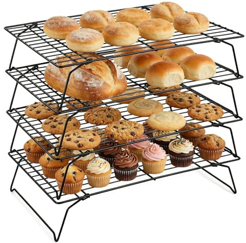 4 Tier Non Stick Wire Cooling Rack, 40x25cm Stackable Non-Stick Baking Accessories, Space Saving Collapsible Oven Racks, for Cake, Grilling, Cookies & Biscuits, Dessert