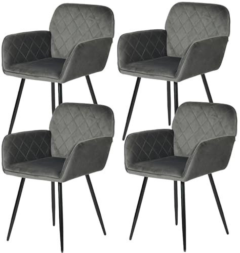 GOKHOMX Lot de 4 Chaises de Salle à Manger Velours avec Dossier et Accoudoirs, Chaises de Cuisine Ergonomiques Fauteuil Salle a Manger avec Pieds en Métal, pour Cuisine Salon Restaurant Bureau, Gris