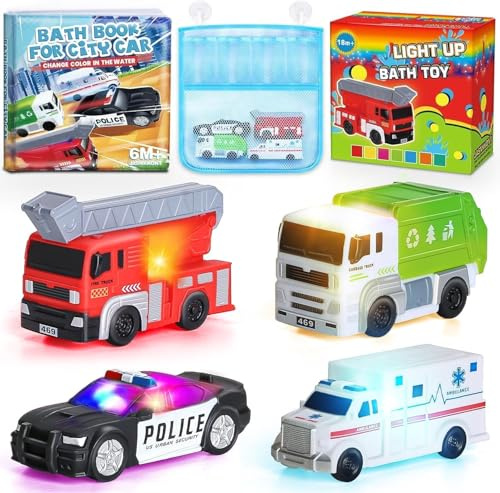 4 Macchinine Giocattolo da Bagno Galleggianti con Luci Colorate che Cambiano, con Libro da Bagno & Sacchetto Portaoggetti, Macchine Realistiche Senza Fori per Vasca da Bagno per Bambini Piccoli di 1-3