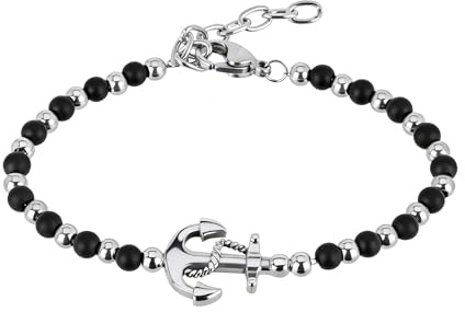 Zordixon Bracciale da uomo con perle di ossidiana e accessorio ancora in acciaio inossidabile, misura regolabile 22 cm, gioiello di moda marittima
