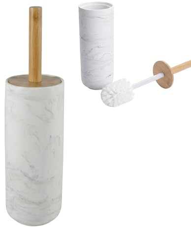 Kook Time Scopino Bagno con Porta Scopino - Spazzola WC in Poliresina Effetto Marmo Bianco e Bambù - Design Chiuso, Discreto e Antiribaltamento - Testina Sostituibile