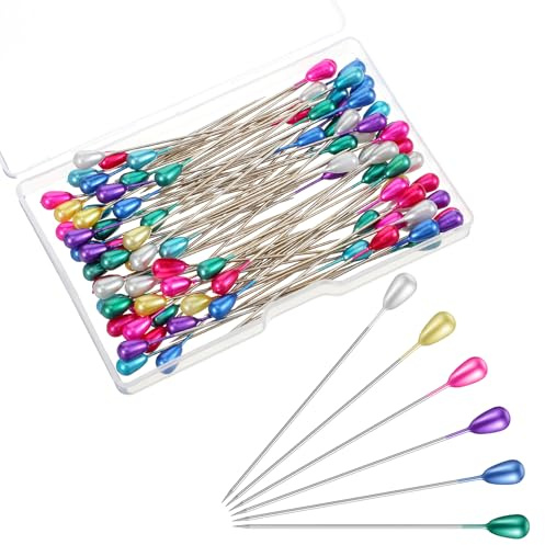 100 Stück Bunte Stecknadeln mit Kopf, 5 cm Lange Anstecknadeln und Quiltnadeln mit tropfenförmigen Perlen, Glaskopfstecknadeln Buntkopf Perlen Nadeln, Bunte Blumenstrauß-Nadeln
