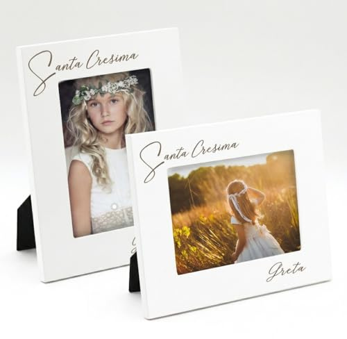 TINBOX Cornice Personalizzata Santa Cresima con Foto Nome Data | Regalo Ragazzo Ragazza Confermazione | Portafoto Legno Bianco | Stampa Made in Italy | Ricordo Religioso (Santa Cresima Classic)