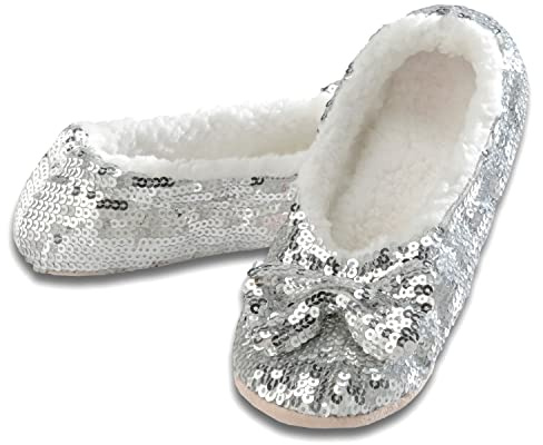 Snoozies Women's Ballerina Metallic Shine Silver Sequin Slippers-Large (9-10)