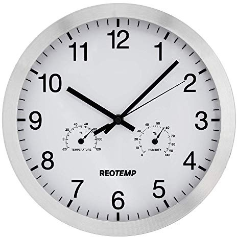 REOTEMP 12 Wall Clock with Temperature and Humidity, Brushed Metal Aluminum Bezel